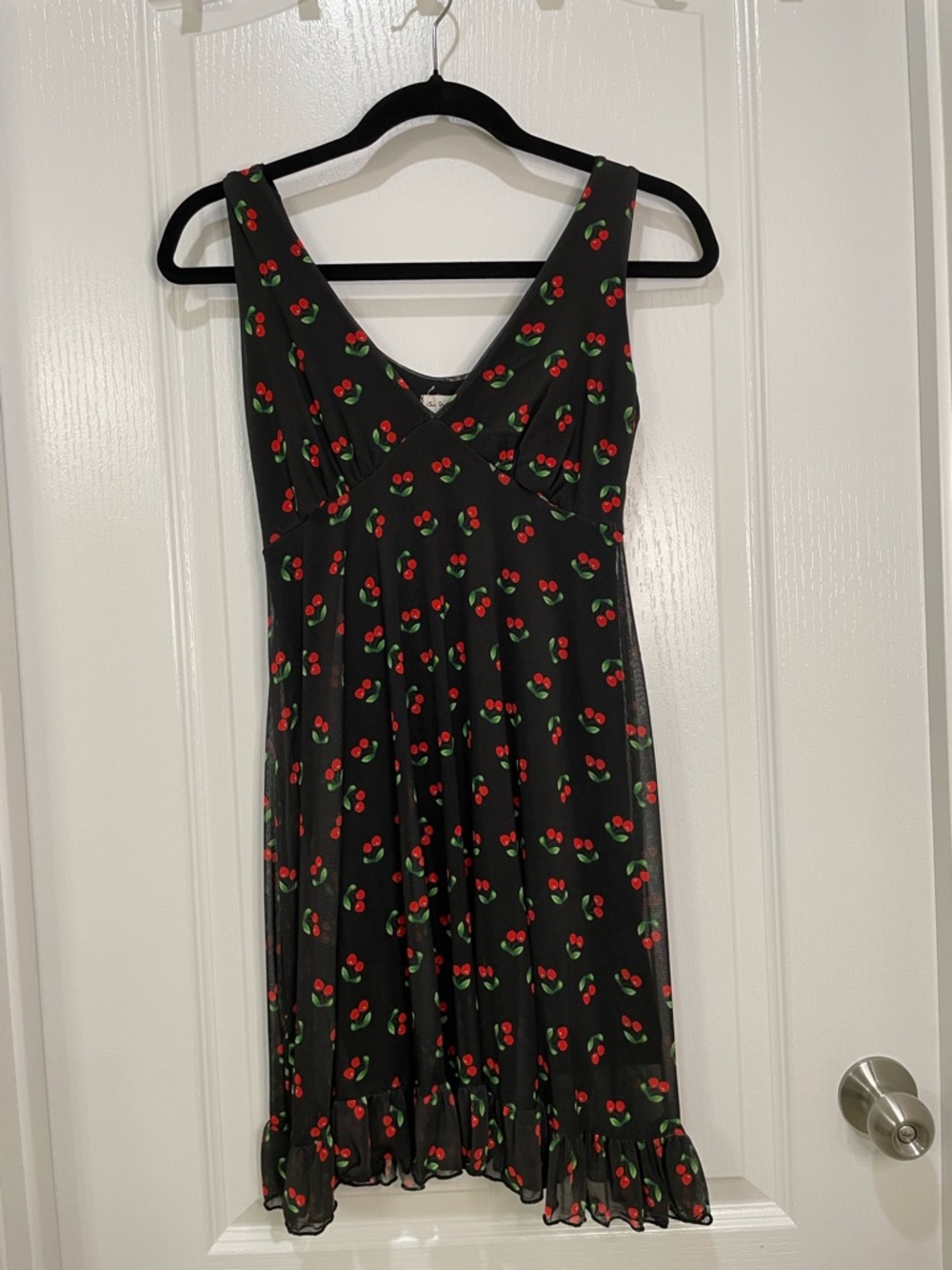 Black Chiffon Cherry Print Sleeveless Dress